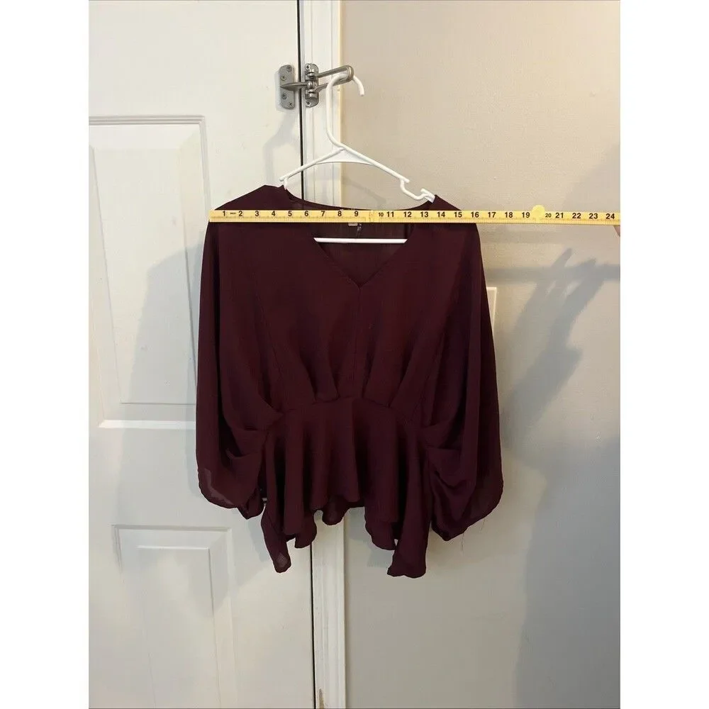 Andree by Unit Burgundy Wine Peplum Top 3/4 Sleeve Small Ruffle Detail Boho